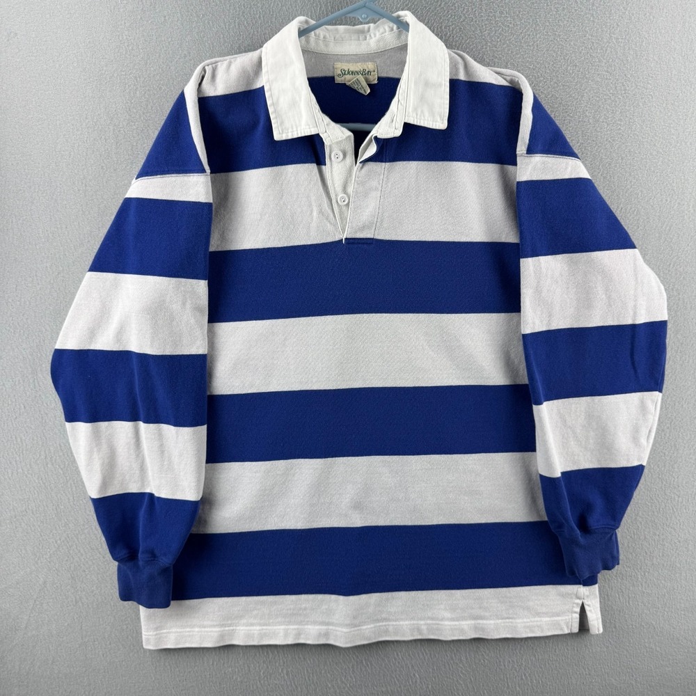 Vintage St Johns Bay Rugby Shirt Mens XL Blue Cotton Striped Long Sleeve 90s Y2K